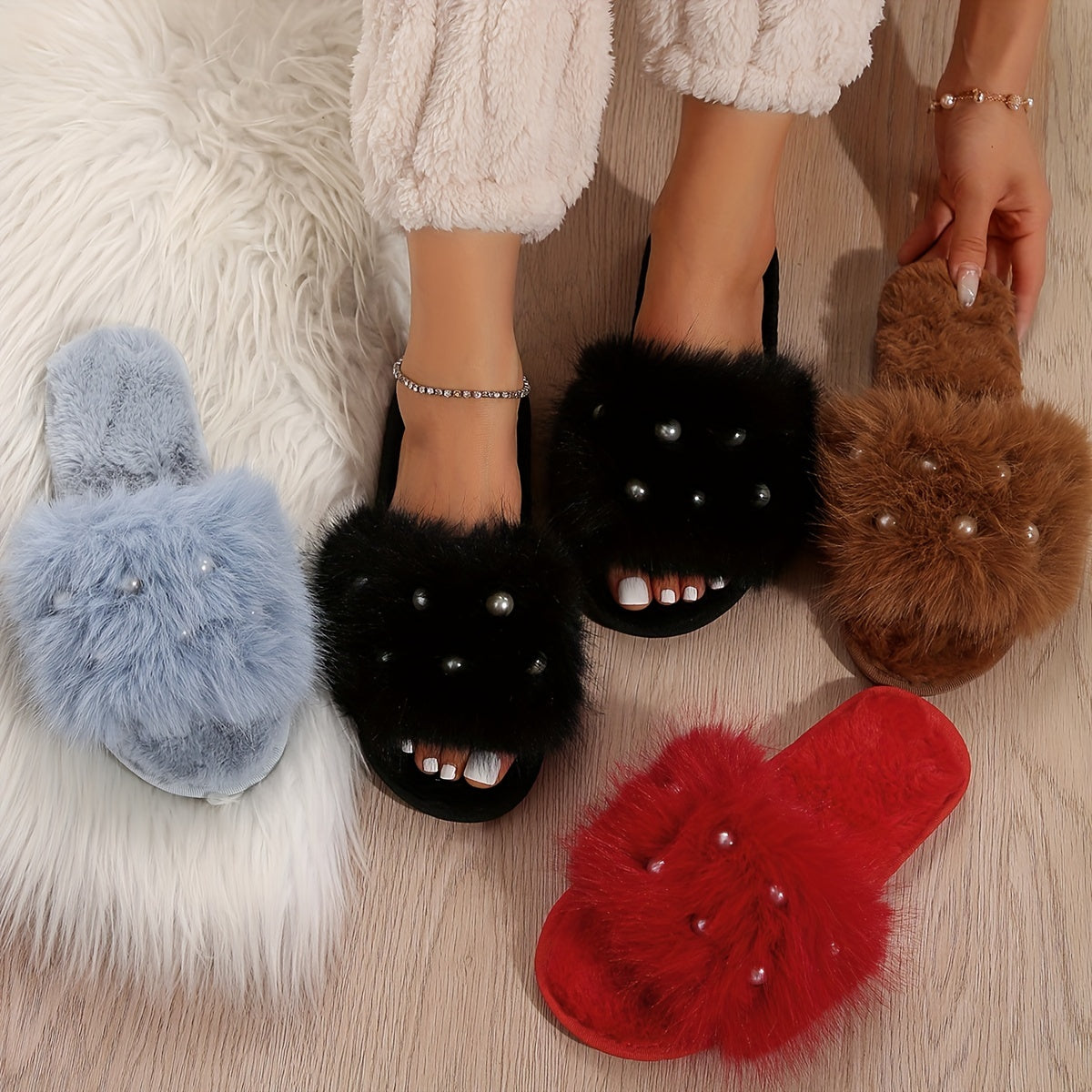 Fuzzy Faux Pearl Home Slippers, Soft Sole Plush Lined Indoor Shoes, Non-slip Floor Mute Slippers, Winter & Autumn